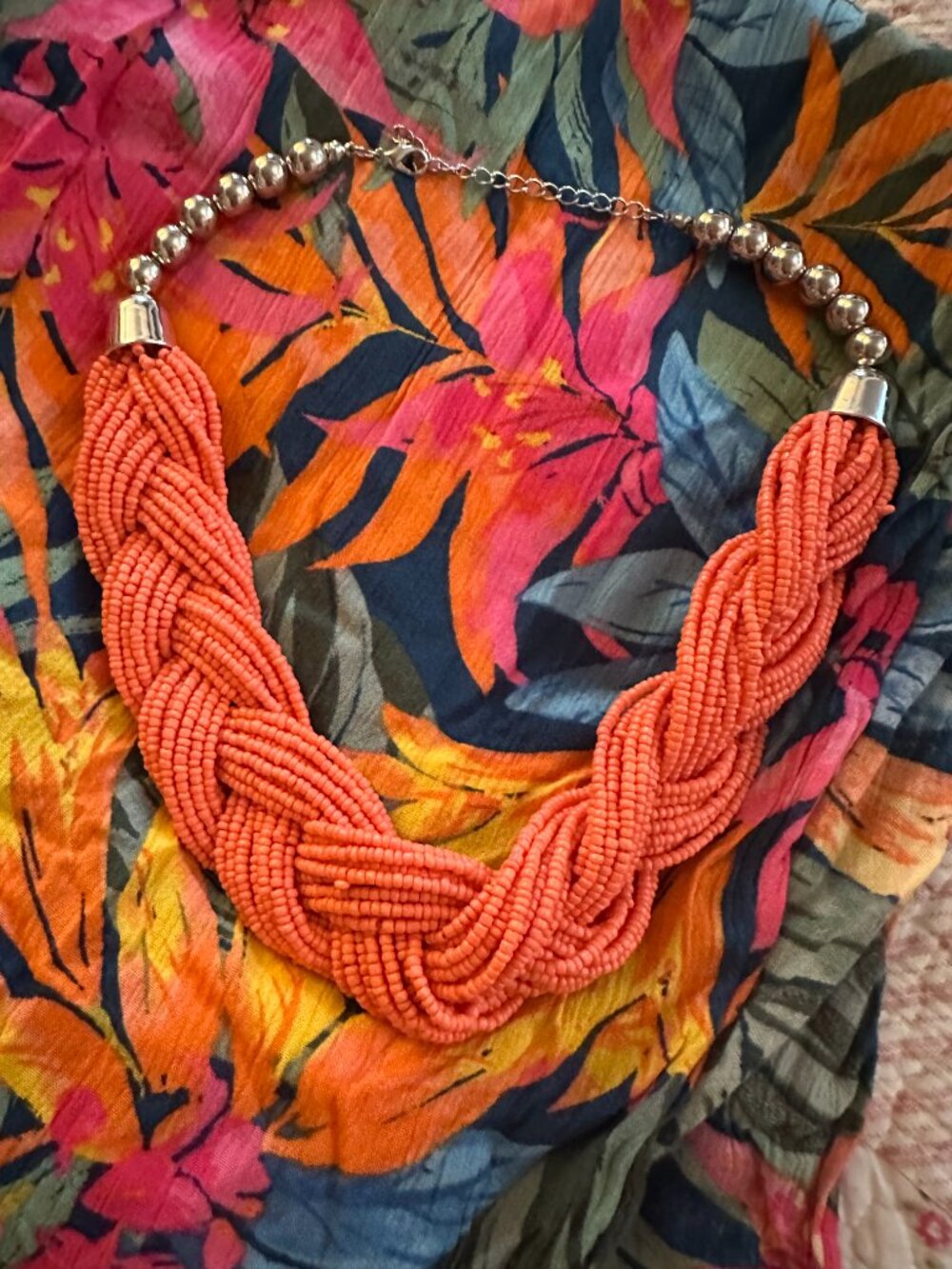 Bold Coral Braided Rope Statement Necklace